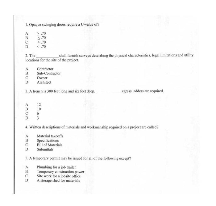 Close-up of Marine Contractor Practice Exam 2 page showing multiple-choice questions on construction materials and permits