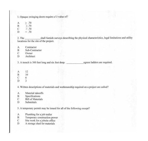 Close-up of Marine Contractor Practice Exam 2 page showing multiple-choice questions on construction materials and permits