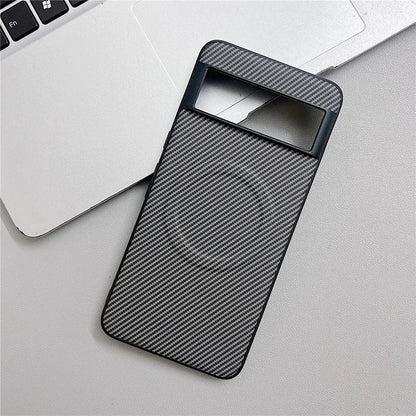 Black carbon fiber patterned phone case with a camera cutout and a visible MagSafe ring.