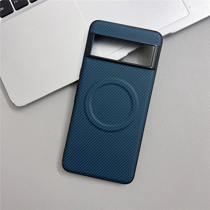 Blue, textured smartphone case with a camera cutout and circular magnetic ring.