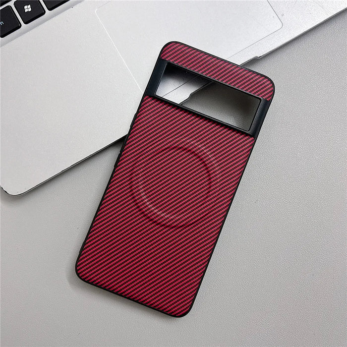 A red carbon fiber phone case with a camera cutout and a circular magnetic charging ring.