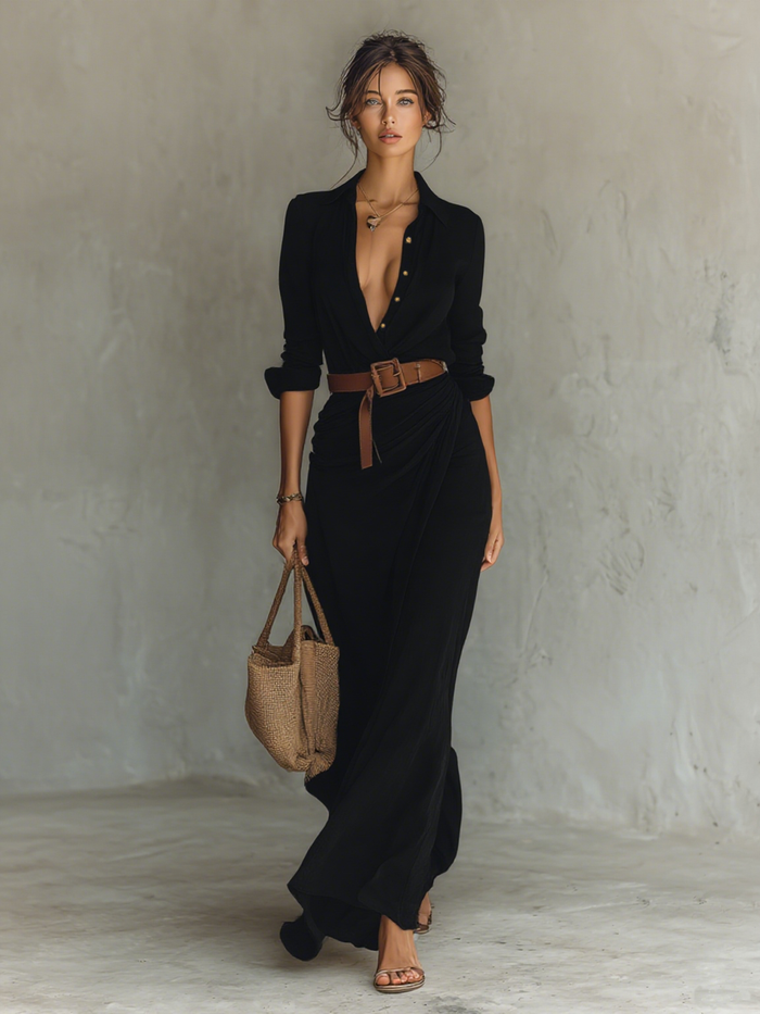Maxi Long Dress with Lapel Collar and Long Sleeves