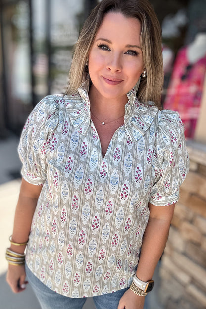 Medallion Dream Ruffle Top -Taupe - B Social Boutique