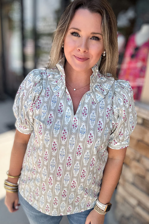 Medallion Dream Ruffle Top -Taupe - B Social Boutique