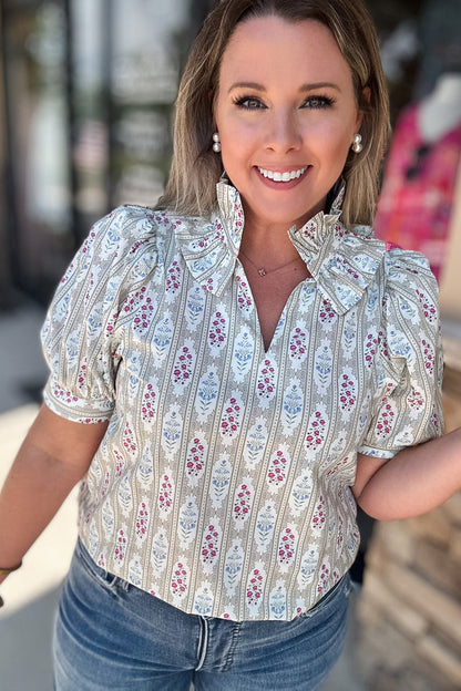 Medallion Dream Ruffle Top -Taupe - B Social Boutique