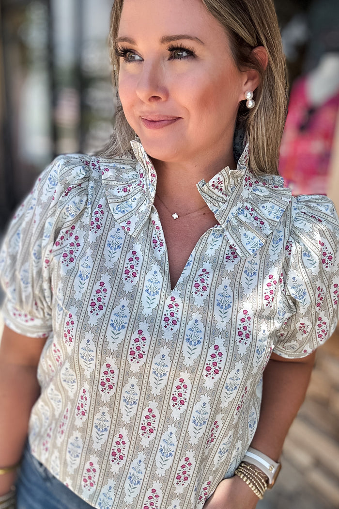 Medallion Dream Ruffle Top -Taupe - B Social Boutique