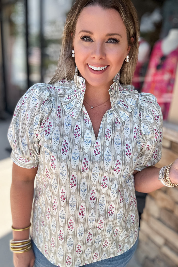 Medallion Dream Ruffle Top -Taupe - B Social Boutique