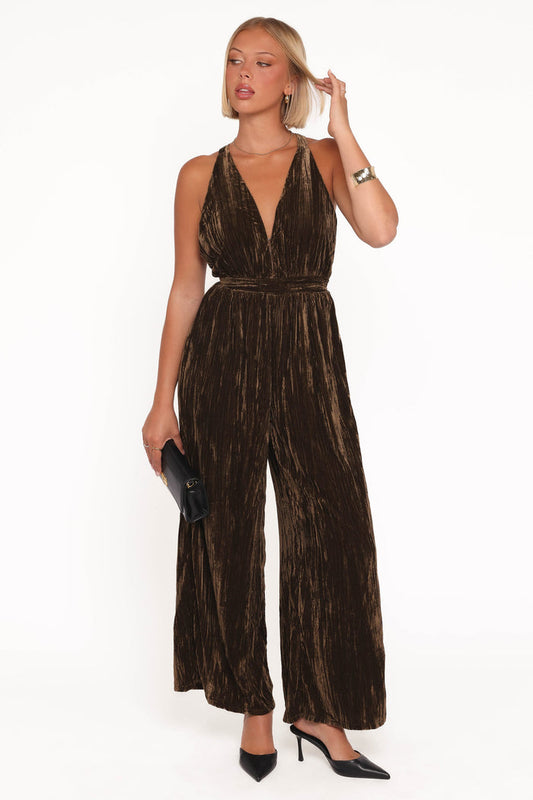 Petal and Pup USA PLAYSUITS Melody Velvet Jumpsuit - Mocha Olive