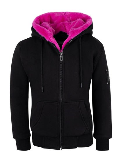 Men's Black Hoodie with Removable Fur - Pink