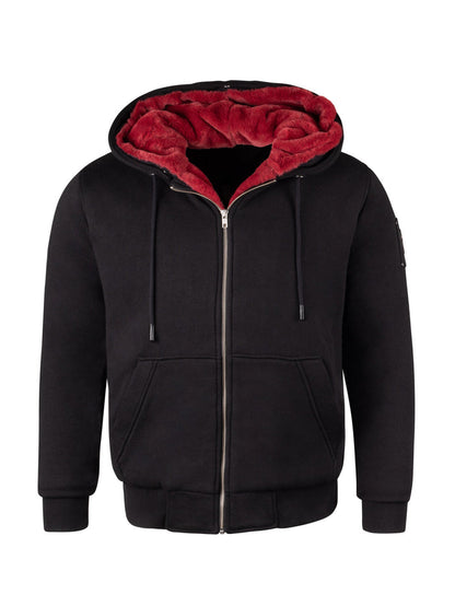 Men's Black Hoodie with Removable Fur - Red