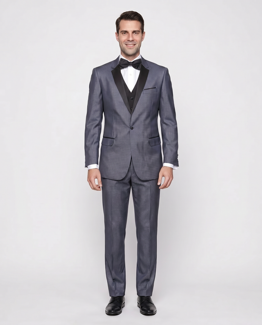 Mens Modern Fit Blue Sharkskin Plaid Three Piece One ButtonTuxedo Tux Suit - The Suit Depot