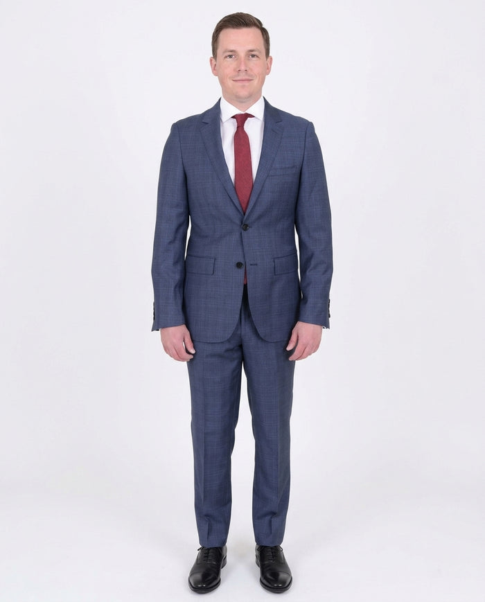 Mens Modern Fit Medium Blue Plaid Two Button Wool Suit - The Suit Depot