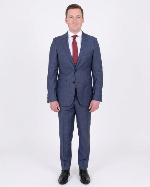 Mens Modern Fit Medium Blue Plaid Two Button Wool Suit - The Suit Depot