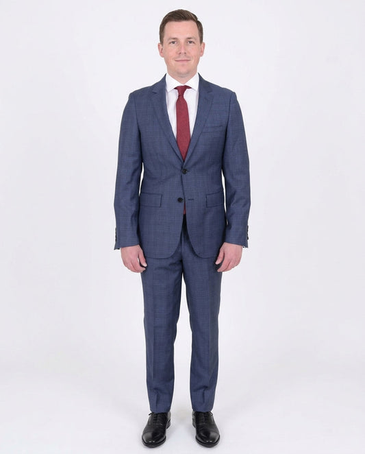 Mens Modern Fit Medium Blue Plaid Two Button Wool Suit - The Suit Depot