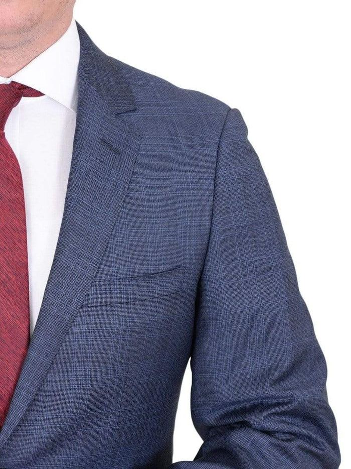 Label E TWO PIECE SUITS Mens Modern Fit Medium Blue Plaid Two Button Wool Suit