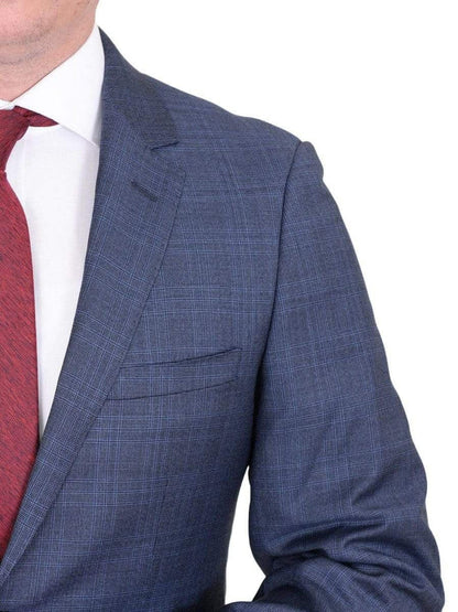 Label E TWO PIECE SUITS Mens Modern Fit Medium Blue Plaid Two Button Wool Suit