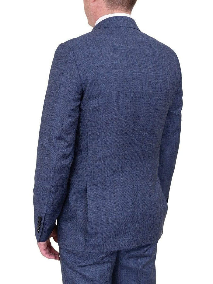 Label E TWO PIECE SUITS Mens Modern Fit Medium Blue Plaid Two Button Wool Suit