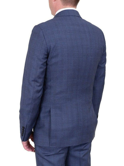 Label E TWO PIECE SUITS Mens Modern Fit Medium Blue Plaid Two Button Wool Suit