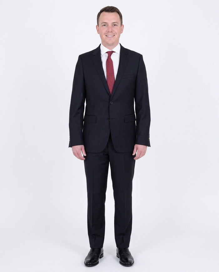 Mens Modern Fit Navy Blue Tonal Check Two Button Wool Suit - The Suit Depot