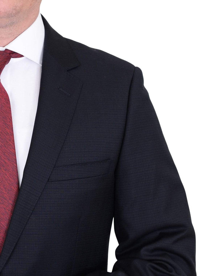 Label E TWO PIECE SUITS Mens Modern Fit Navy Blue Tonal Check Two Button Wool Suit