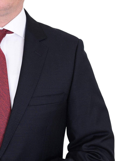 Label E TWO PIECE SUITS Mens Modern Fit Navy Blue Tonal Check Two Button Wool Suit