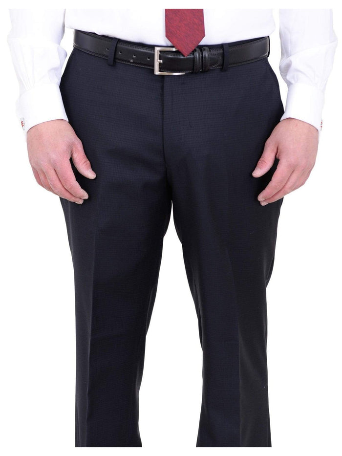 Label E TWO PIECE SUITS Mens Modern Fit Navy Blue Tonal Check Two Button Wool Suit
