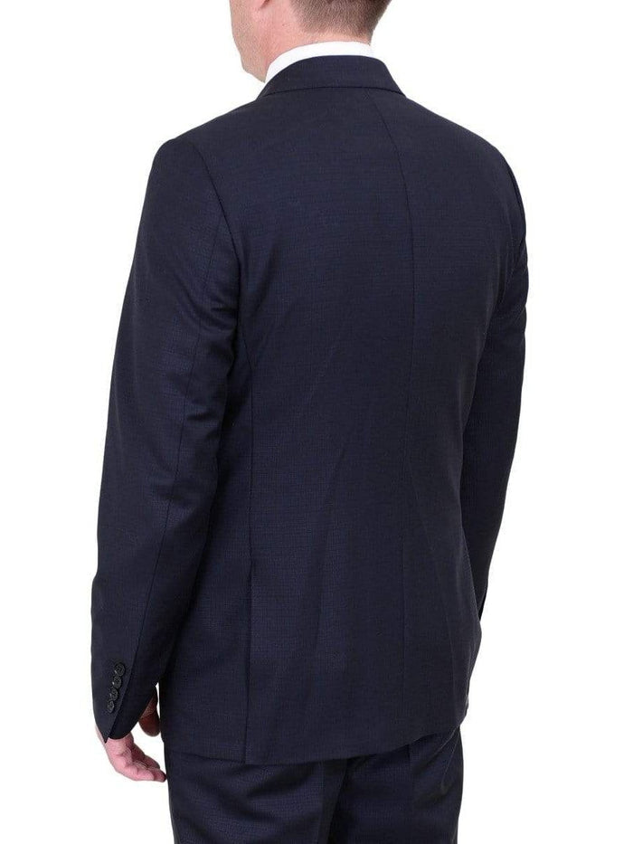 Label E TWO PIECE SUITS Mens Modern Fit Navy Blue Tonal Check Two Button Wool Suit