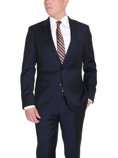 London Fog TWO PIECE SUITS Mens Slim Fit Solid Navy Blue Two Button Wool Suit
