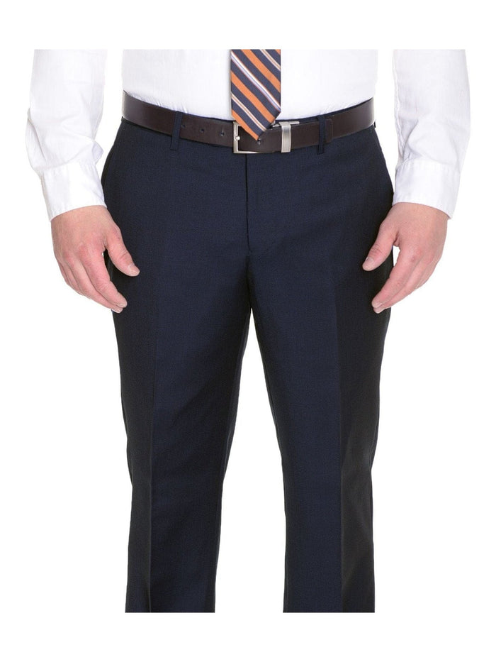 London Fog TWO PIECE SUITS Mens Slim Fit Solid Navy Blue Two Button Wool Suit