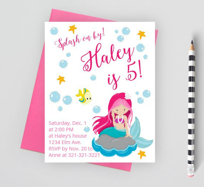 Mermaid birthday party invitation for girls.