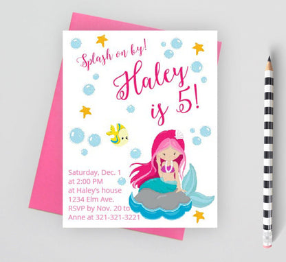 Mermaid birthday party invitation for girls.