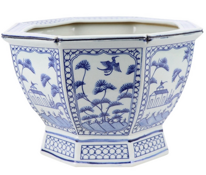 Mid Size Soft Blue Floral and Village Hexagon Planter by The Enchanted Home