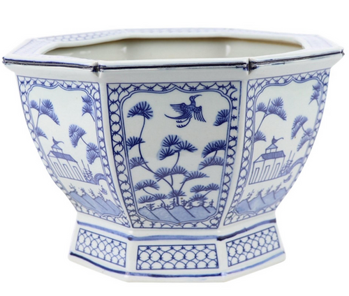 Mid Size Soft Blue Floral and Village Hexagon Planter by The Enchanted Home