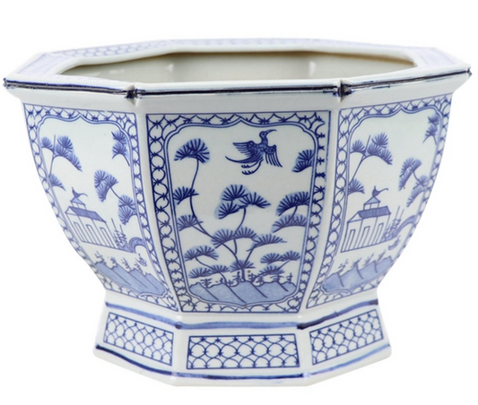 Mid Size Soft Blue Floral and Village Hexagon Planter by The Enchanted Home