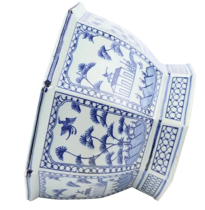 Mid Size Hexagon Planter in Soft Blue with Floral and Village Design - The Mayfair Hall