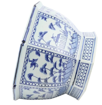 Mid Size Hexagon Planter in Soft Blue with Floral and Village Design - The Mayfair Hall