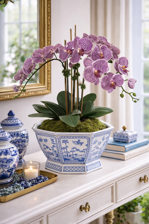 Mid Size Soft Blue Floral and Village Hexagon Planter by The Enchanted Home