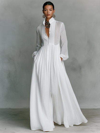 Minimalist Cotton & Linen Patchwork Maxi Dress with Stand Collar and Long Sleeves