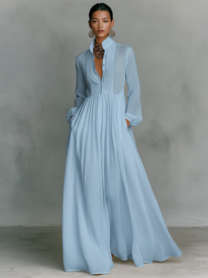 Minimalist Cotton & Linen Patchwork Maxi Dress with Stand Collar and Long Sleeves