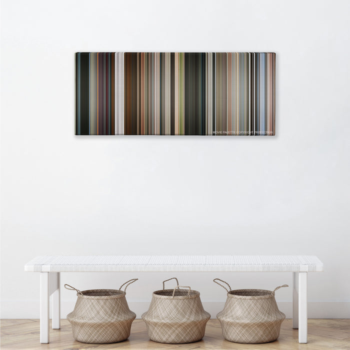 Mission: Impossible - Fallout color palette canvas above a white bench with three woven baskets