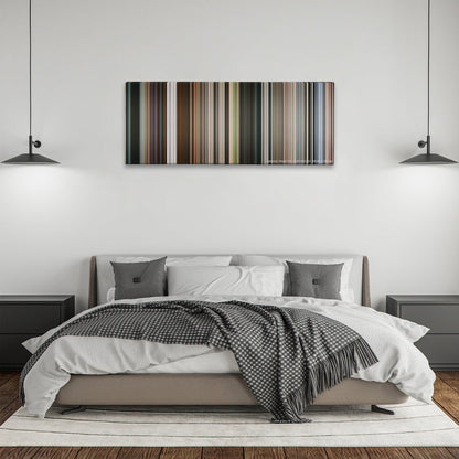 Mission: Impossible - Fallout color palette canvas above a bed, between two black pendant lamps