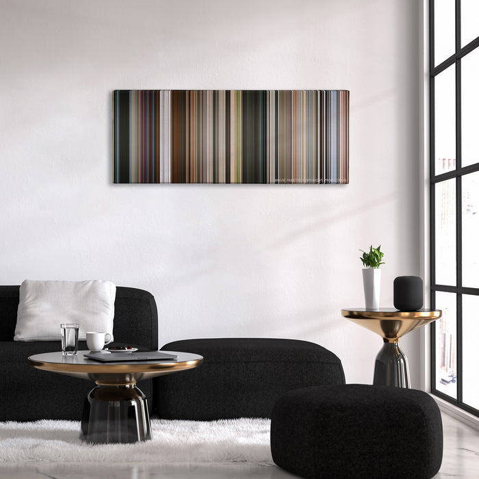 Mission: Impossible - Fallout color palette canvas above a black sofa with a gold-topped table