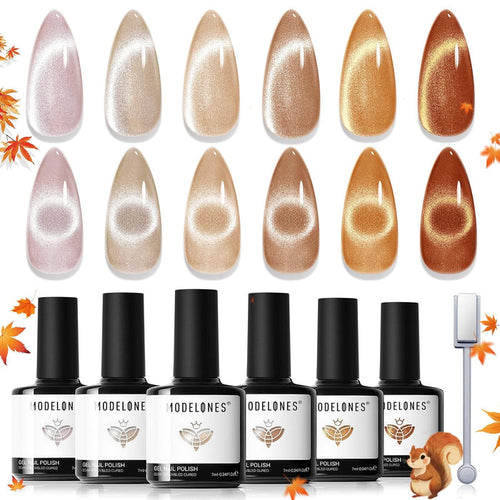 modelones Fall Cat Eye Gel Nail Polish Set, Nude Brown Gold Caramel Khaki