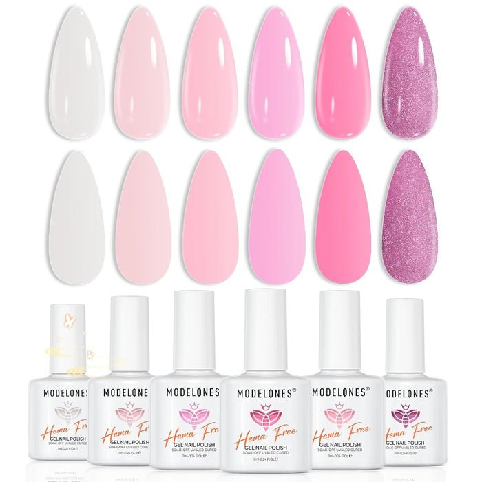 modelones Pink White Gel Nail Polish Set, Hema Free 6 Colors