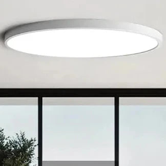A living room with a large window and a white ceiling light