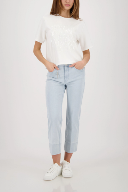 Monari 410124 Sequin Detail T-Shirt in Off-White styled with light jeans by Monari Shop Monari at Dotique