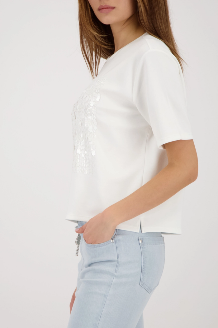 Monari 410124 Sequin Detail T-Shirt in Off-White shown side view with casual light jeans Shop Monari at Dotique
