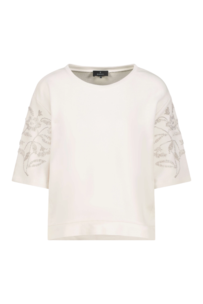Monari 410257 Off-White Pearl Detail Cotton Sweatshirt front view with embellished sleeves, shop Monari at Dotique