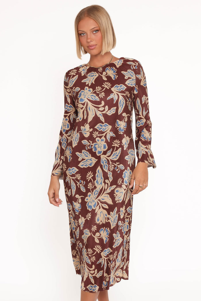Petal and Pup USA DRESSES Morena Long Sleeve Midi Dress - Brown Floral