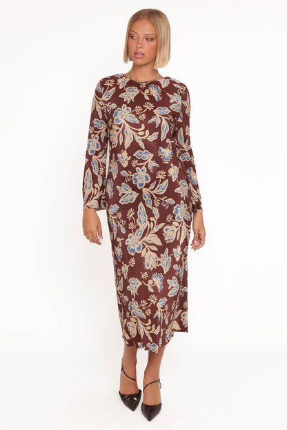 Petal and Pup USA DRESSES Morena Long Sleeve Midi Dress - Brown Floral